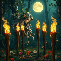 A serene forest spirit in a moonlit clearing, surrounded by five torches that stand ready to be lit