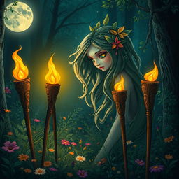 A serene forest spirit in a moonlit clearing, surrounded by five torches that stand ready to be lit