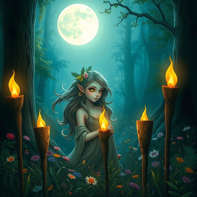 A serene forest spirit in a moonlit clearing, surrounded by five torches that stand ready to be lit