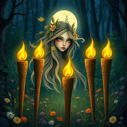 A serene forest spirit in a moonlit clearing, surrounded by five torches that stand ready to be lit