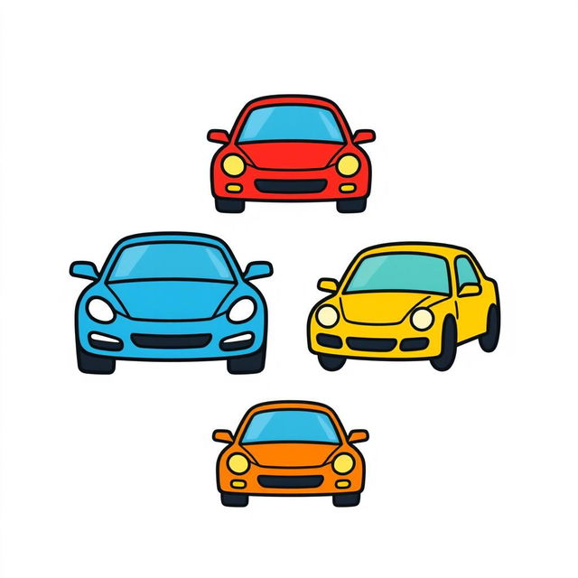 Colorful cartoon-style car stickers designed with minimalism in mind, featuring very simple and basic shapes, using a few lines and flat colors for a clean and clear appearance