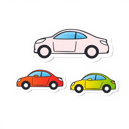 Colorful cartoon-style car stickers designed with minimalism in mind, featuring very simple and basic shapes, using a few lines and flat colors for a clean and clear appearance