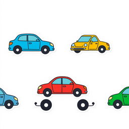Colorful cartoon-style car stickers designed with minimalism in mind, featuring very simple and basic shapes, using a few lines and flat colors for a clean and clear appearance