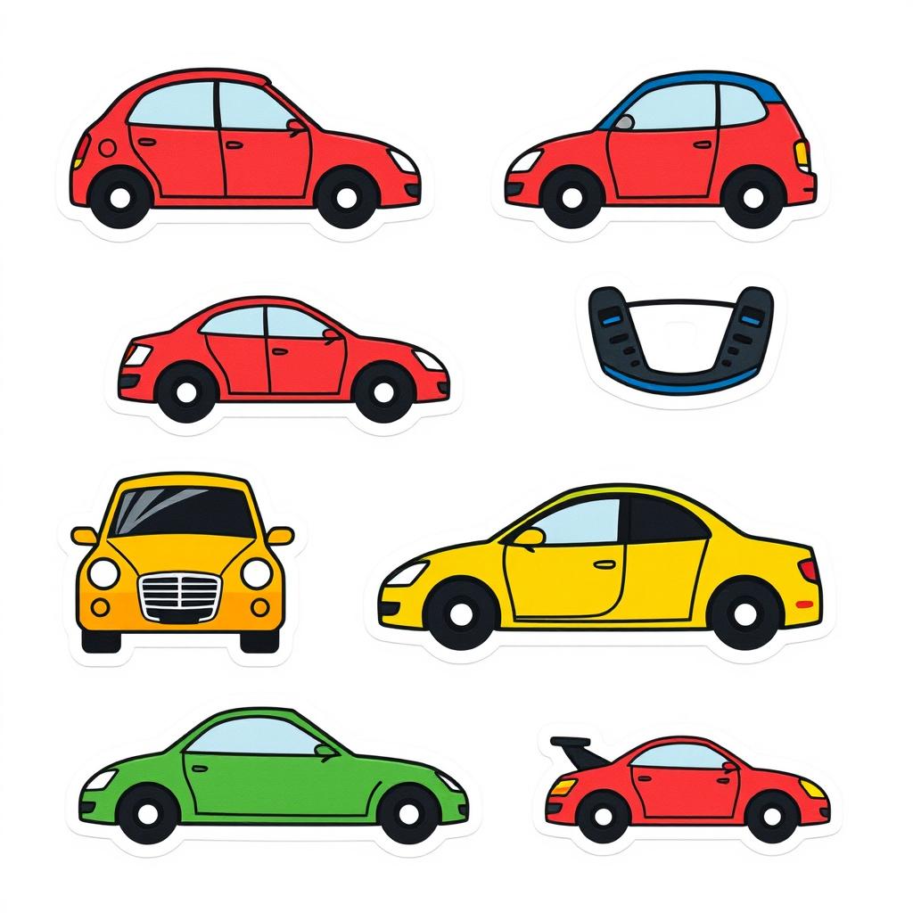 Colorful cartoon-style car stickers designed with minimalism in mind, featuring very simple and basic shapes, using a few lines and flat colors for a clean and clear appearance