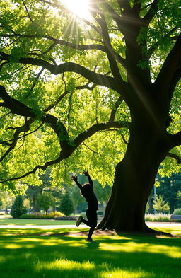 A book cover featuring the shadow of a child joyfully playing under a lush, shady tree