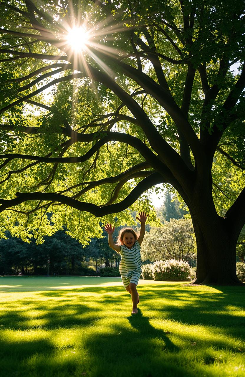 A book cover featuring the shadow of a child joyfully playing under a lush, shady tree