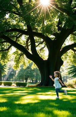 A book cover featuring the shadow of a child joyfully playing under a lush, shady tree