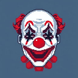 A pixelated user profile picture featuring a deceased clown's face, with vibrant clown makeup, a bright red nose, and a wide, frozen smile
