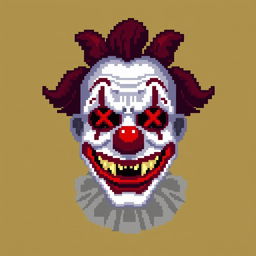 A pixelated user profile picture featuring a deceased clown's face, with vibrant clown makeup, a bright red nose, and a wide, frozen smile