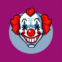 A pixelated user profile picture featuring a deceased clown's face, with vibrant clown makeup, a bright red nose, and a wide, frozen smile