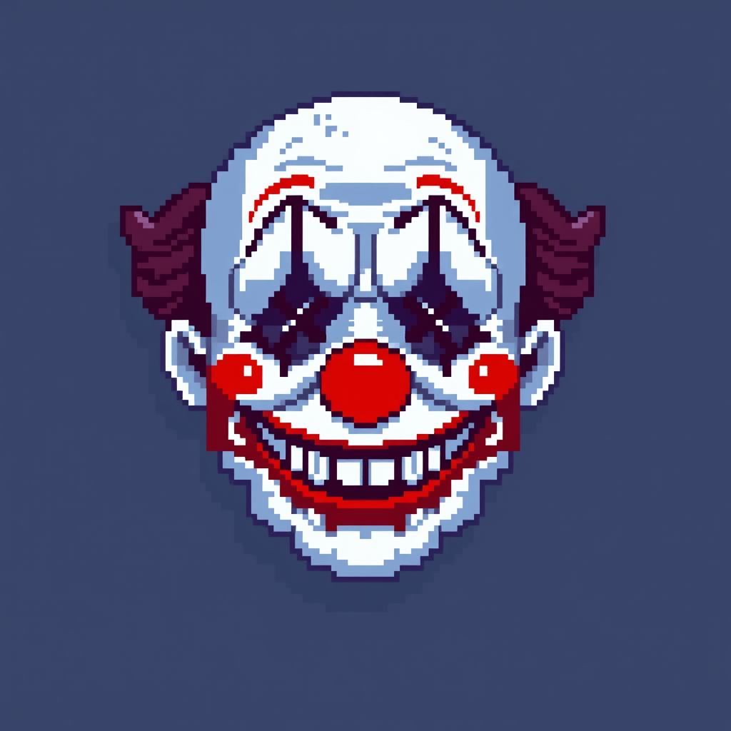 A pixelated user profile picture featuring a deceased clown's face, with vibrant clown makeup, a bright red nose, and a wide, frozen smile