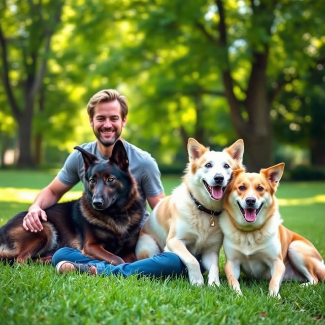 A serene outdoor scene featuring a man resembling Tom Felton, casually dressed in a comfortable t-shirt and jeans, smiling warmly while sitting on the grass with his two dogs, one resembling a Timber wolf and the other a playful mix of breeds