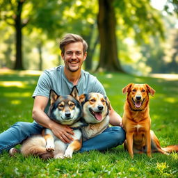 A serene outdoor scene featuring a man resembling Tom Felton, casually dressed in a comfortable t-shirt and jeans, smiling warmly while sitting on the grass with his two dogs, one resembling a Timber wolf and the other a playful mix of breeds