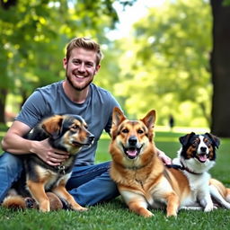 A serene outdoor scene featuring a man resembling Tom Felton, casually dressed in a comfortable t-shirt and jeans, smiling warmly while sitting on the grass with his two dogs, one resembling a Timber wolf and the other a playful mix of breeds