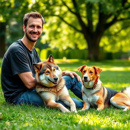 A serene outdoor scene featuring a man resembling Tom Felton, casually dressed in a comfortable t-shirt and jeans, smiling warmly while sitting on the grass with his two dogs, one resembling a Timber wolf and the other a playful mix of breeds