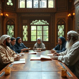 A gathering of Islamic scholars engaged in a thoughtful discussion, seated around a large wooden table in an ornate room filled with Islamic calligraphy and intricate geometric designs