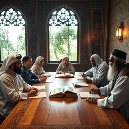 A gathering of Islamic scholars engaged in a thoughtful discussion, seated around a large wooden table in an ornate room filled with Islamic calligraphy and intricate geometric designs