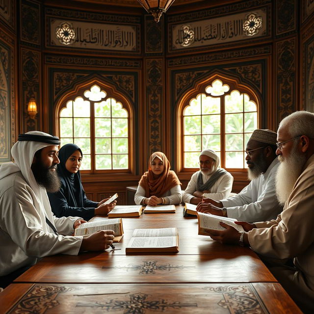 A gathering of Islamic scholars engaged in a thoughtful discussion, seated around a large wooden table in an ornate room filled with Islamic calligraphy and intricate geometric designs