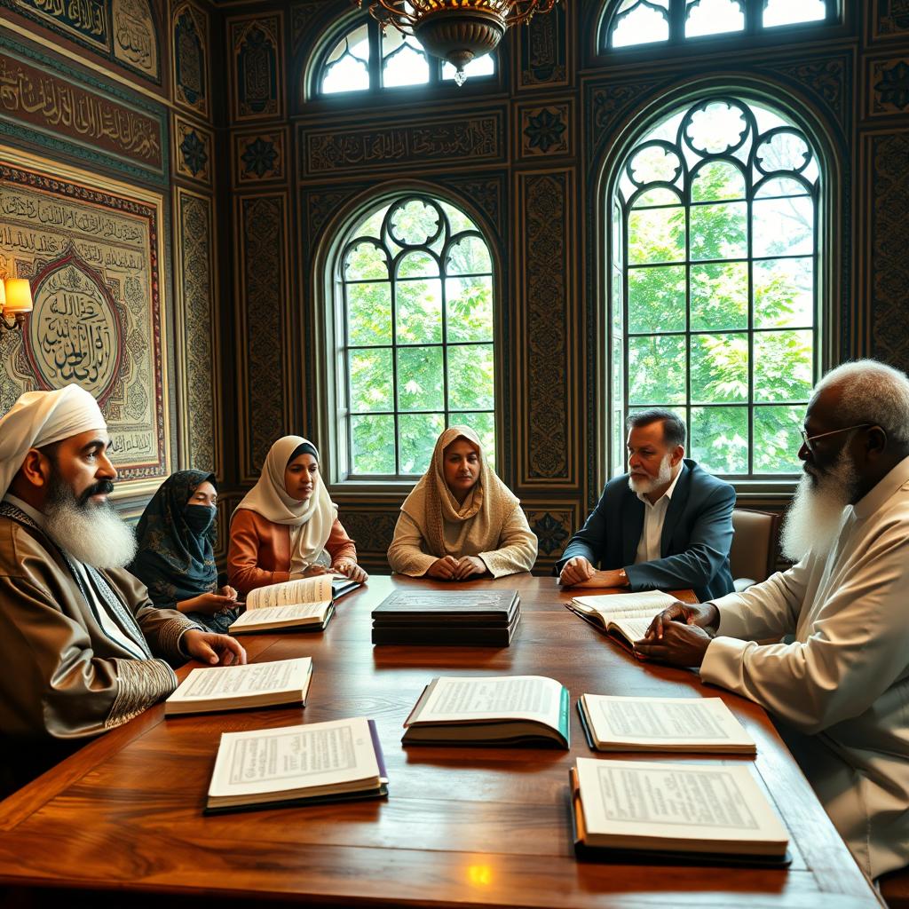A gathering of Islamic scholars engaged in a thoughtful discussion, seated around a large wooden table in an ornate room filled with Islamic calligraphy and intricate geometric designs