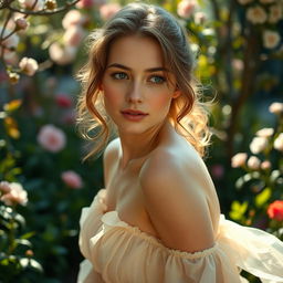 A captivating portrait of an actress resembling Thomasin McKenzie, artistically posed in a dreamy, ethereal setting