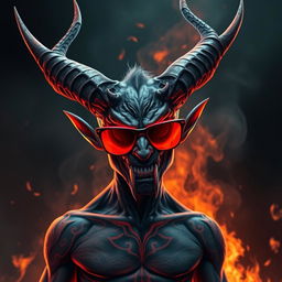 A striking demon with sharp horns and glowing red eyes, wearing trendy sunglasses