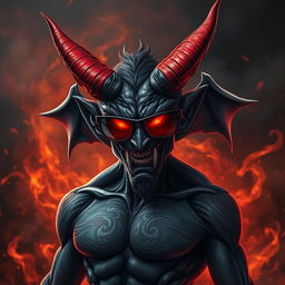 A striking demon with sharp horns and glowing red eyes, wearing trendy sunglasses