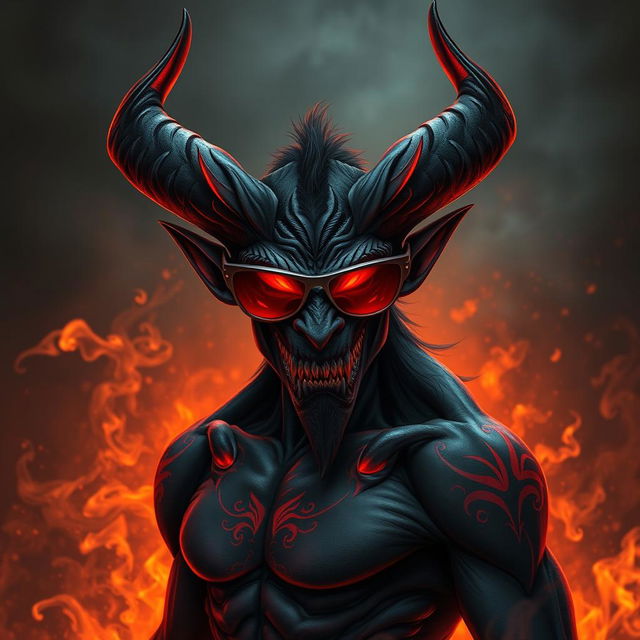 A striking demon with sharp horns and glowing red eyes, wearing trendy sunglasses