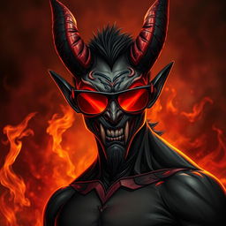 A striking demon with sharp horns and glowing red eyes, wearing trendy sunglasses