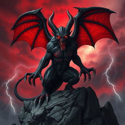 A fierce demon standing atop a rocky cliff under a blood-red sky, its skin is dark, mottled with crimson veins, and its eyes glow bright orange, radiating an intimidating aura