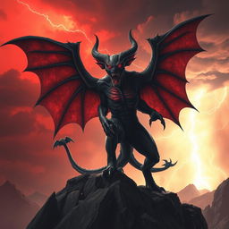 A fierce demon standing atop a rocky cliff under a blood-red sky, its skin is dark, mottled with crimson veins, and its eyes glow bright orange, radiating an intimidating aura