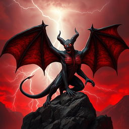 A fierce demon standing atop a rocky cliff under a blood-red sky, its skin is dark, mottled with crimson veins, and its eyes glow bright orange, radiating an intimidating aura