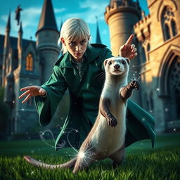 A dynamic scene depicting Draco Malfoy with his signature platinum blonde hair and green Slytherin robes, magically transforming into a sleek, anthropomorphic ferret