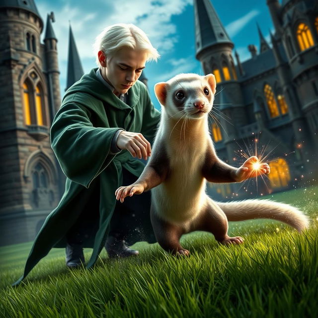 A dynamic scene depicting Draco Malfoy with his signature platinum blonde hair and green Slytherin robes, magically transforming into a sleek, anthropomorphic ferret