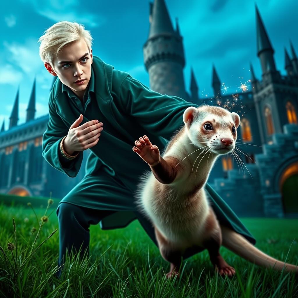 A dynamic scene depicting Draco Malfoy with his signature platinum blonde hair and green Slytherin robes, magically transforming into a sleek, anthropomorphic ferret