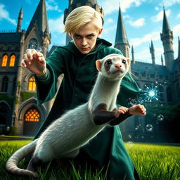 A dynamic scene depicting Draco Malfoy with his signature platinum blonde hair and green Slytherin robes, magically transforming into a sleek, anthropomorphic ferret