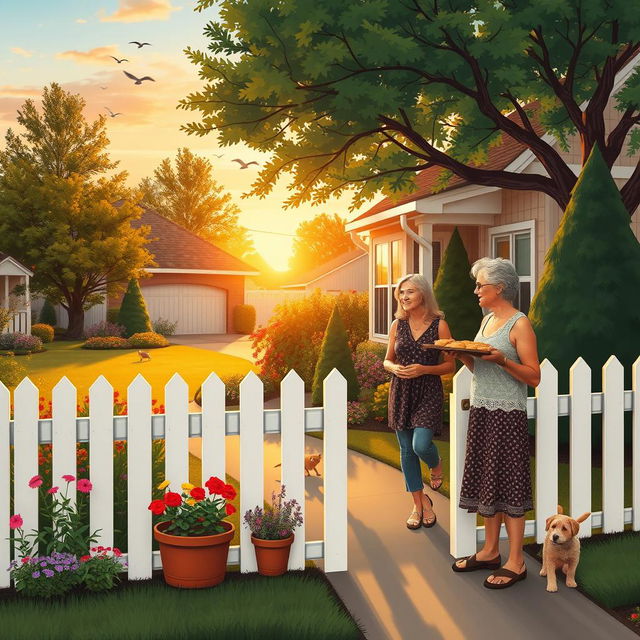 A serene suburban scene featuring a cozy house with a well-kept garden, surrounded by trees and colorful flowers