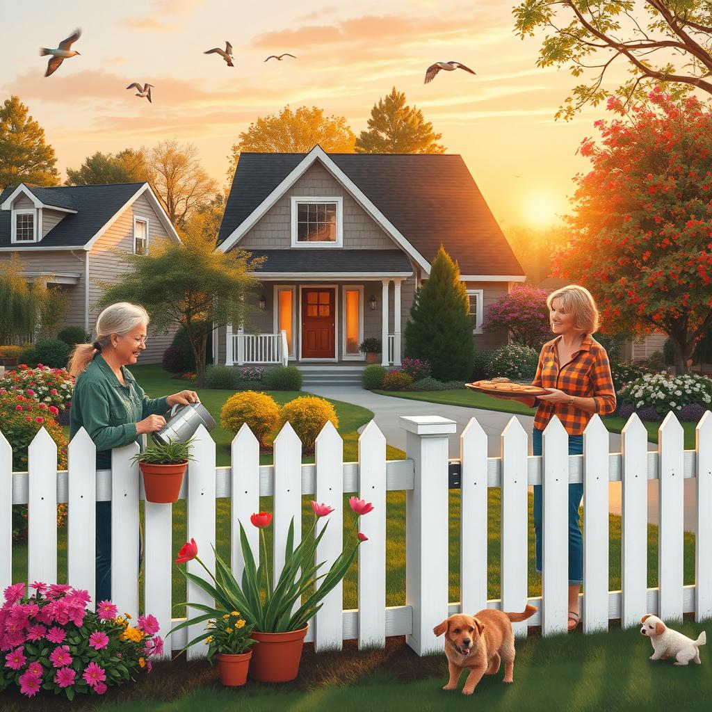 A serene suburban scene featuring a cozy house with a well-kept garden, surrounded by trees and colorful flowers