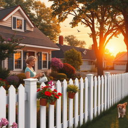 A serene suburban scene featuring a cozy house with a well-kept garden, surrounded by trees and colorful flowers