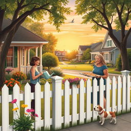 A serene suburban scene featuring a cozy house with a well-kept garden, surrounded by trees and colorful flowers