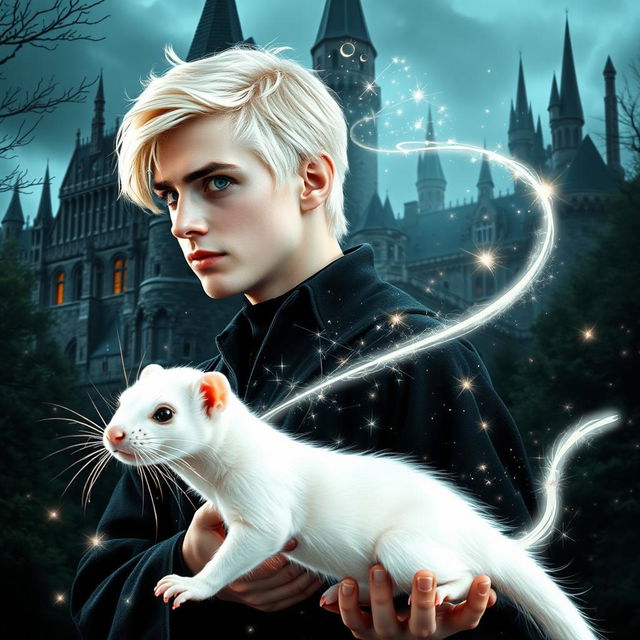 A magical transformation scene showing a young man with platinum blonde hair and striking pale skin, resembling Draco Malfoy from the Harry Potter series, as he gradually morphs into a clear white ferret