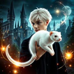 A magical transformation scene showing a young man with platinum blonde hair and striking pale skin, resembling Draco Malfoy from the Harry Potter series, as he gradually morphs into a clear white ferret