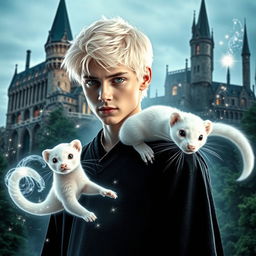 A magical transformation scene showing a young man with platinum blonde hair and striking pale skin, resembling Draco Malfoy from the Harry Potter series, as he gradually morphs into a clear white ferret