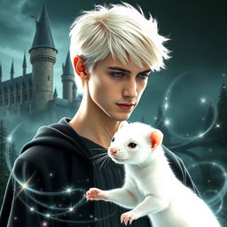 A magical transformation scene showing a young man with platinum blonde hair and striking pale skin, resembling Draco Malfoy from the Harry Potter series, as he gradually morphs into a clear white ferret