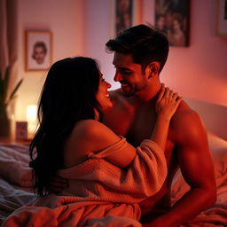An intimate and passionate scene of a couple expressing their love for each other, set in a softly lit bedroom adorned with warm colors and cozy decor