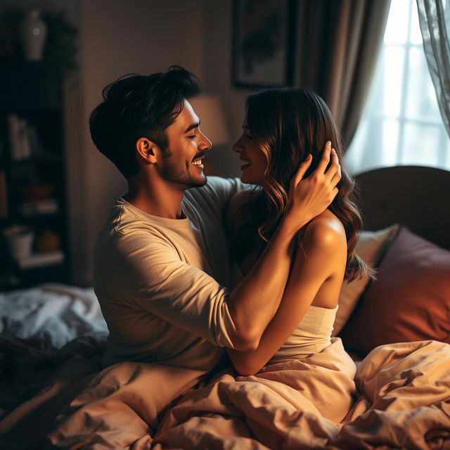 An intimate and passionate scene of a couple expressing their love for each other, set in a softly lit bedroom adorned with warm colors and cozy decor