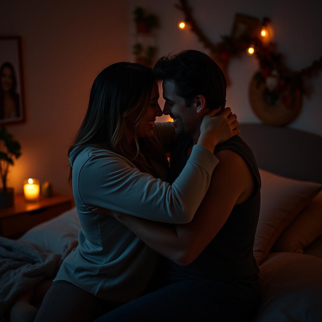 An intimate and passionate scene of a couple expressing their love for each other, set in a softly lit bedroom adorned with warm colors and cozy decor