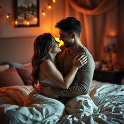 An intimate and passionate scene of a couple expressing their love for each other, set in a softly lit bedroom adorned with warm colors and cozy decor