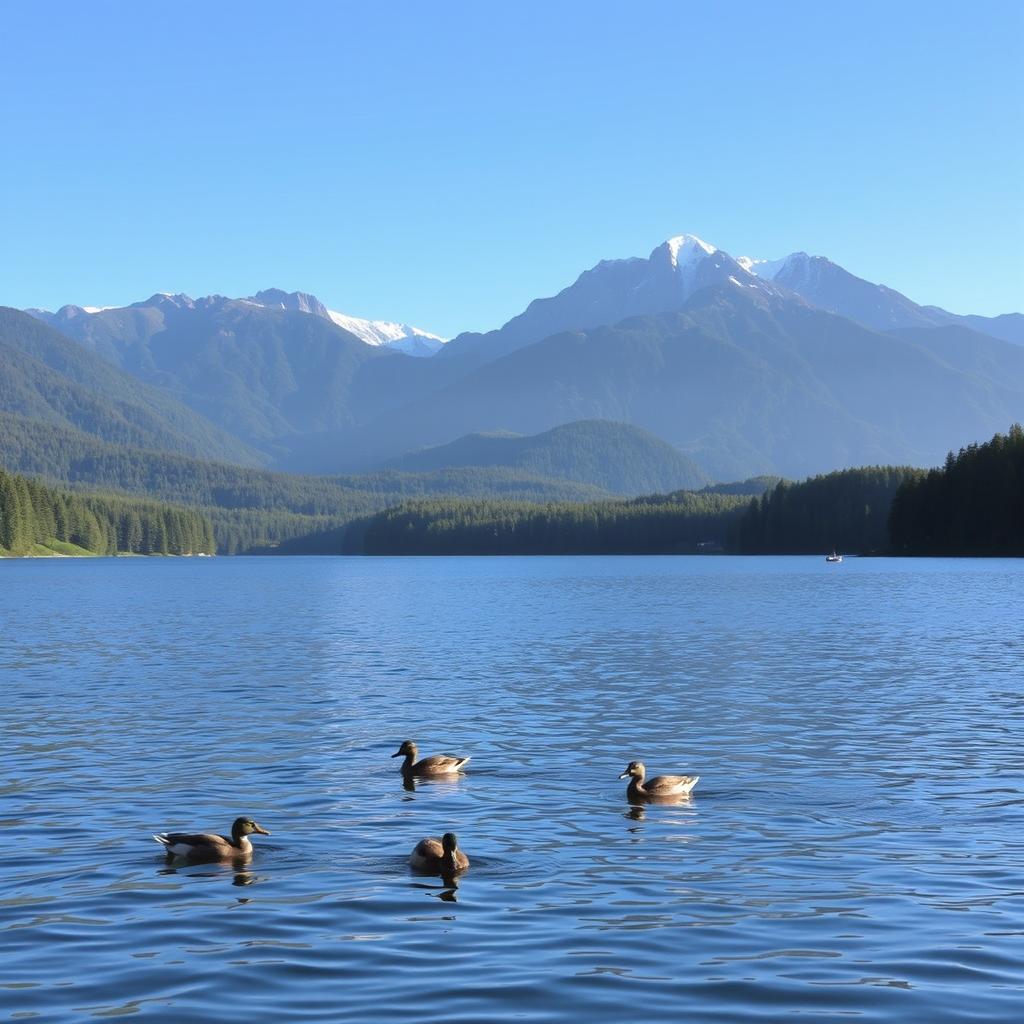 A serene landscape featuring a tranquil lake surrounded by lush green forests under a clear blue sky