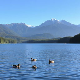 A serene landscape featuring a tranquil lake surrounded by lush green forests under a clear blue sky