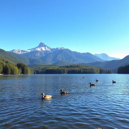 A serene landscape featuring a tranquil lake surrounded by lush green forests under a clear blue sky